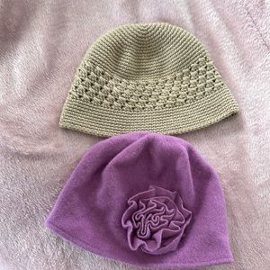 Hats duo  Liz Claiborne basket weave knit hat and another purple flower hat.